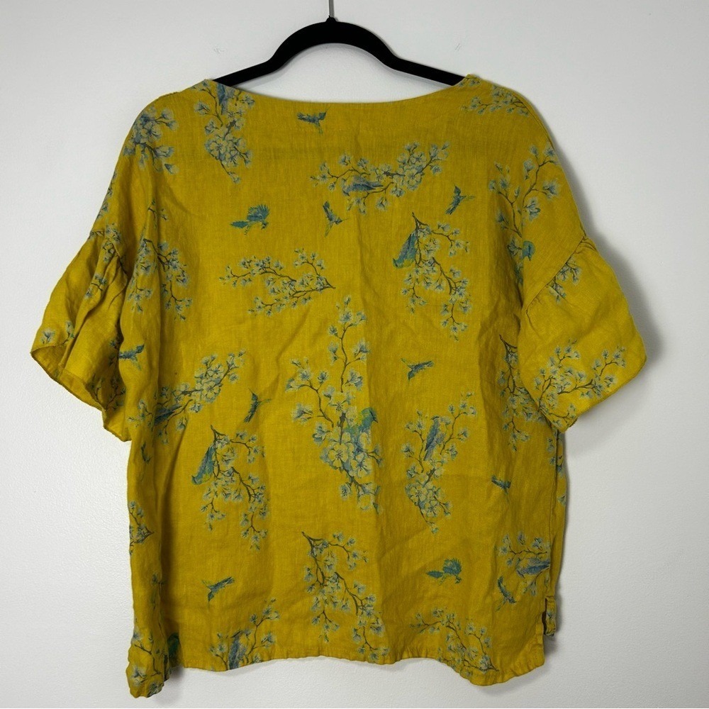 Bellambra Italy Yellow Linen Bird‎ Floral Print Flutter Sleeve Top Cottagecore S - Picture 7 of 7